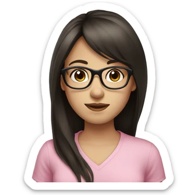 Girl with long dark brown hair and bangs and black glasses pale skin pink shirt sticker