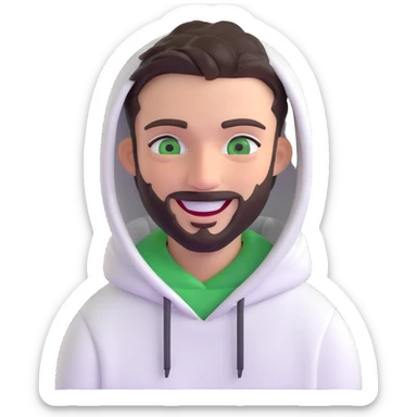 laughing guy with white hoodie, green eyes, dark brown undercut hairstyle and a short full beard sticker