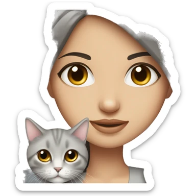 Beautiful skinny woman long dark brown hair in dress hug Siberian grey cat sticker