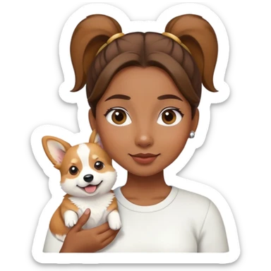 The girl with brown ponytail hair  holding a white corgi sticker