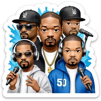 Icon for Rap Music: collage of rap legends—Snoop Dogg, Ice Cube, Dr. Dre, and 50 Cent. Iconic elements include microphones, headphones, and urban street elements like graffiti. Bold, energetic vibe with a hip-hop style. Transparent background. sticker