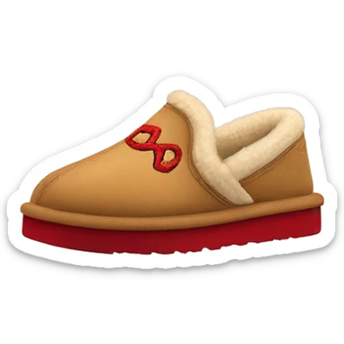 Ugg Camel slip-on slippers. A thin red zig-zag stitch only encircling ankles, VERY chunky platform sole. sticker