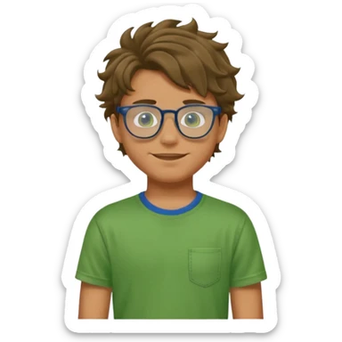 A teenage boy, tanned with glasses, wearing a green t-shirt , blue jeans and green sneakers with brown wavy tousled hair, smirking, wearing a green face mask sticker