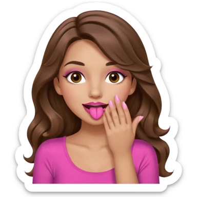 girl with long wavy brown hair, brown eyes, long lashes makeup, sexy pink lips, light to medium complexion, wearing a pink sexy top, sexy, giggling hand covering mouth sticker
