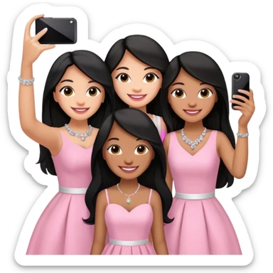 Just 3 besties with professional glammed up looks wearing pink and white, all medium skin tone smiling big with black long hair. Very girly wearing jewelry, taking a selfie  sticker