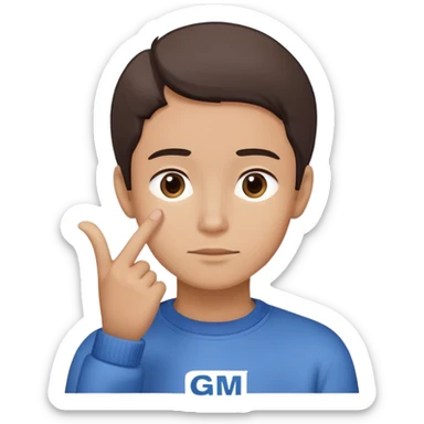 I want to create an emoji with a face that embodies the atmosphere of General Motors. The emoji should be wearing a blue jumper with the GM logo and have a thoughtful expression and gesture. sticker
