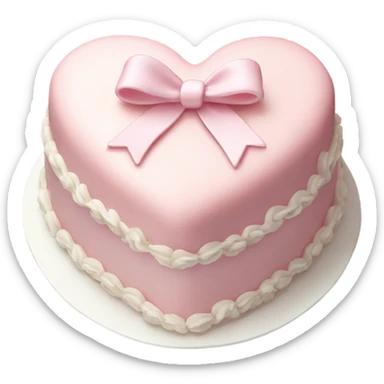 Pastel pink heart shaped cake with fancy white icing and bows sticker
