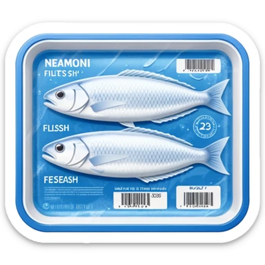 A clear vacuum-sealed plastic tray containing neatly arranged white fish fillets, covered with a thin layer of frost. The package has a blue and white label with product details and barcode. Set in a supermarket freezer shelf among other seafood packs, realistic lighting and texture. sticker