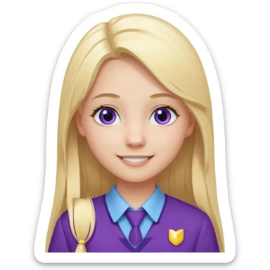 A pale girl with light blue eyes and long and blonde straight hair , smiling wearing a purple school uniform  sticker