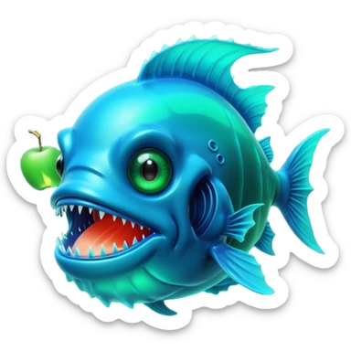 3D render of Anglerfish, bioluminescent deep sea style, glowing neon blue and green lights, dark background to contrast the glow, translucent organic textures, Apple emoji style. sticker
