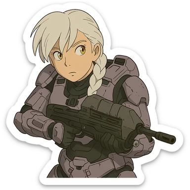 female, wearing reach spartan armor shoulder-unequip, long white braid hair with massive messy front side single bangs, gold yellow eyes, attention pose, HALO:series, no helmet, the armor is lavender color scheme, shoulder pad off. DDD bust size fitting. , peeking around a corner while aiming a classic HALO1 AR, tactical, lean sticker