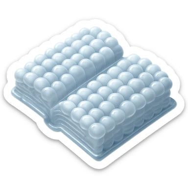 top view of a thick open book made entirely of small, very bright white fluffy convex clouds, matte glass style sticker