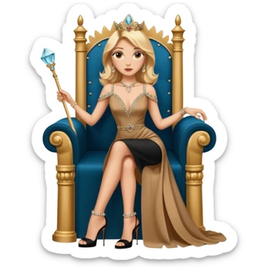 Lilith symbol light brown eyes. Woman of justice and power. Shoulder  length blonde haired  woman with Gucci, and designer bags next to her. Wearing long elegant dress with slit, sitting on a throne and diamonds everywhere around her. Black Platform high heels on feet. designer bags around her.  sticker
