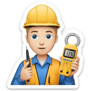 La tercera imagen pero ojos azules, y que lleve en manos una pinza amperimetrica sticker