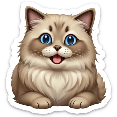 Cinematic Adorable Fluffy Brown Seal Ragdoll Cat Portrait Emoji, Head tilted cutely with big, sparkling blue eyes, soft brown seal-colored fur with darker points on the ears, face, and paws, Simplified yet irresistibly adorable features, highly detailed, glowing with a soft, warm glow, high shine, yawning in a peaceful and playful manner, stylized with a touch of whimsy, bright and endearing, soft glowing outline, capturing the essence of a relaxed and loving kitten, so cute it feels like it could leap out of the screen and stretch into a cozy nap! sticker