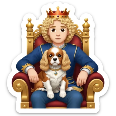 22 years old man blonde curly hair with a King Charles spaniel on his lap on a throne sticker