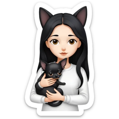 Fair skin girl - long black hair - white clothes - hugging a black chihuahua sticker