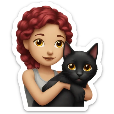 realistic girl with burgundy hair hugs a black cat sticker