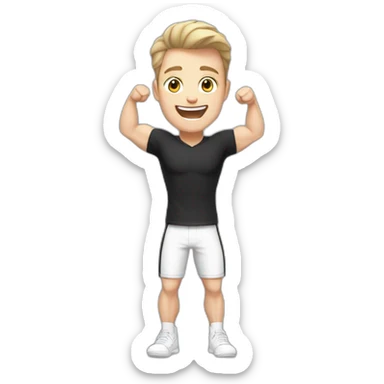 Joyful Celebrating victory Pale skinned Fit Man With the biceps and dark brown hair in black shirt, gray sports shorts and white Sneakers sticker
