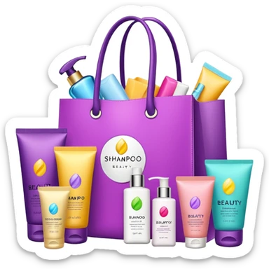 Gift bag with beauty products (shampoo, creams, styling products), a gift bag is beautyful open box full of luxury brand-labeled beauty products sticker