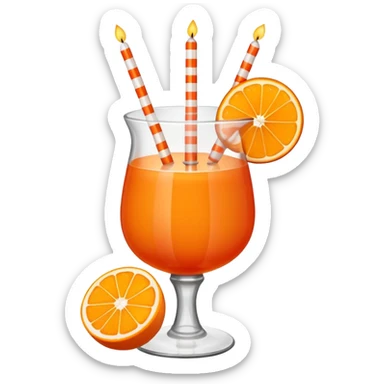An orange fruit with a horizontal red stripe around the middle. 4 vertical cocktail sticks in the orange with small pieces of candy on the sticks. On top of the orange a small white lit candle. sticker