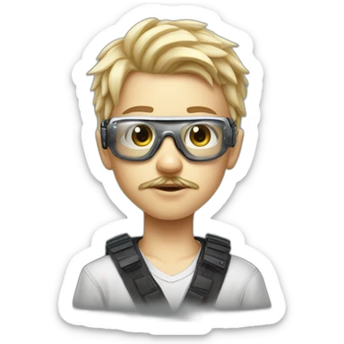 a young boy with short blonde hair with transparent white glasses and a little mostache, he is a futuristic cyberpunk hacker  sticker