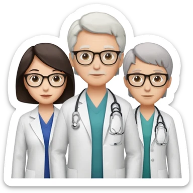 Four doctors standing together:

a female doctor with dark-colored short bob hair,

a young male doctor,

an older male doctor with white hair wearing glasses,

and a female doctor wearing glasses. sticker