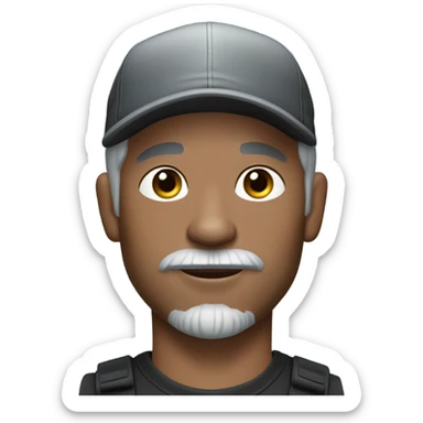 blue eyed man, with grey hair and grey goatee, wearing ball cap, holding long hair black chihuahua sticker