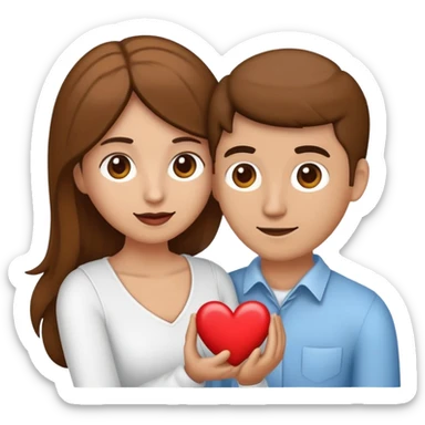 Emoji de una pareja abrazándose con corazones blancos al rededor, la mujer de piel clara con cabello castaño y largo, y el hombre solo un poco más oscuro de piel (mestizo claro) y su cabello castaño oscuro sticker