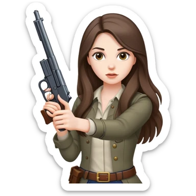 beautiful pale brunette girl with long hair with a gun sticker