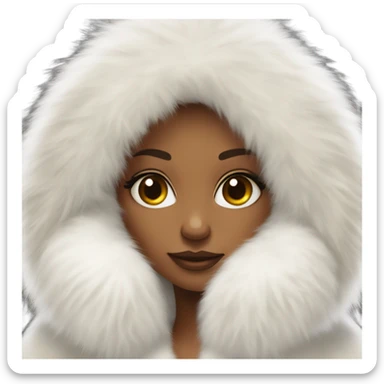 Tanned Girl with lashes ,  in an extremely big fluffy oversized white fur coat with hood on. The fur is real and it’s very obvious big and fluffy like in Pinterest  sticker