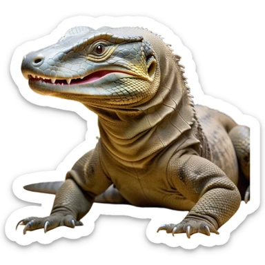 Cinematic Realistic Cute Yawning Komodo Dragon Portrait Emoji, Head tilted slightly with a dramatic, wide-open yawn, showcasing a soft, rugged scaled hide with subtly drooping features and half-closed, drowsy eyes rendered in authentic detail, high shine, relaxed yet expressive, styled with a dash of natural desert charm, soft glowing outline, capturing the essence of a sleepy yet affectionate Komodo dragon that appears ready to stretch out for a deep, restful nap! sticker