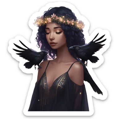 Black Raven wings bohemian girl Ethereal iridescent galaxy constellation girl angel raven wings black wings, gold arrow, nebula, flower crown, fairy lights, nature, shot by golden arrow sticker