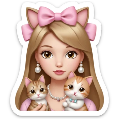 A very gorgeous girl with straight long light brown hair with blonde highlights, hazel eyes, big plump round lips with baby pink blush on her cheeks and mascara on her lashes, coquette style with a bow on her hair and Pearl jewelry on her wrist and neck holding a very cute cat sticker