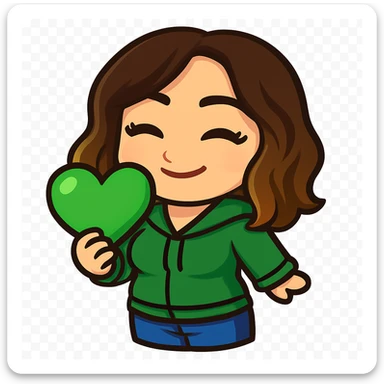 Sticker style chibi emote, matching the attached green heart emote as a base, but with a slightly skinnier body and a bigger chest. Woman from reference, green hoodie and blue jeans, holding a green love heart, cute happy face, no headband, no wand, transparent background. Top color should not match jeans. sticker