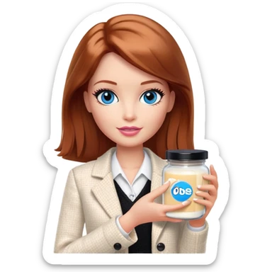 A Barbie girl with blue eyes, shoulder-length reddish-brown hair, made-up, in a white tweed jacket and black skirt, holding a jar of pale beige face cream sticker