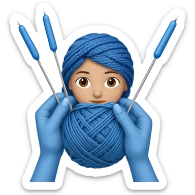 hands holding 2 knitting needles (1 on the right hand and another one on the left hand) with a ball of knitting thread (without a person's face) sticker