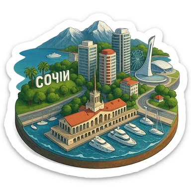 Изометричная, яркая, детализированная и фотореалистичная иллюстрация панорамы города Cочи на круглой подставке в стиле 3D-коллажей городов, чёткие линии, слегка мультяшная стилистика, прозрачный фон, не обрезать края картинки sticker