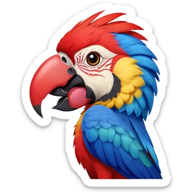 Cinematic Realistic Cute Yawning Macaw Portrait Emoji, Head tilted slightly with a dramatic, wide-open yawn, showcasing a soft, downy arrangement of vivid scarlet and blue feathers with gently drooping features and half-closed, drowsy eyes, rendered with lifelike feather detail and natural lighting, high shine, relaxed yet expressive, styled with a dash of tropical whimsy, soft glowing outline, capturing the essence of a sleepy yet affectionate macaw that appears ready to rest its wings in a quiet, enchanted moment! sticker