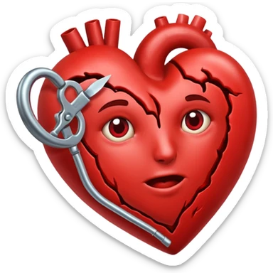 Un corazón humano roto con grietas  sangrando y expulsando sangre rodeado de vendas y tiritas que se despegan sin hacer efecto sticker