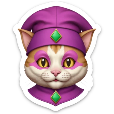 court jester cat medieval, single poker card joker clearly visible, pink, face only, round badge,  court jester cap sticker