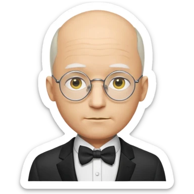 Yellow-skinned animated man. Bald on top with thin gray hair at the sides. Large round white eyes with black pupils. Wears round glasses. Pointed nose. Visible suit lapels, white shirt collar, and bow tie at the neck. sticker