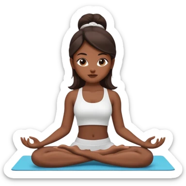 A beautiful girl with dark skin, long dark brown hair, and brown eyes, wearing white top sitting in a yoga pose, in Apple memoji style, 3D cartoon”   sticker