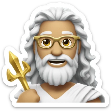 Poseidon with gold Trident and glasses. long hair white dress. smile . eye wink sticker