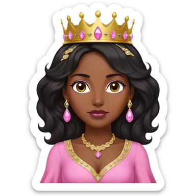Crown dark black women with long lightly WAVY hair pink dress pink crown facing forward black hair middle age adult woman gold gems in crown gold earrings  one woman sticker