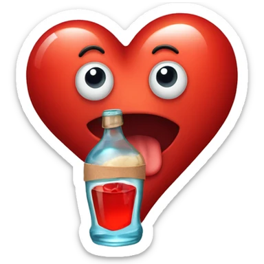 A red heart ❤️ with eyes, a mouth, and hands, looking drunk and tipsy, holding a bottle of drink, with a wobbly and goofy expression sticker