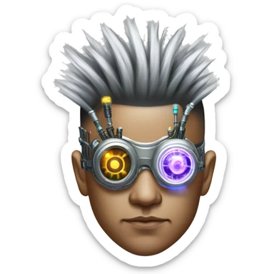 Mohawk hair Asian male cyborg head with neon silver steampunk goggles and circuits sticker