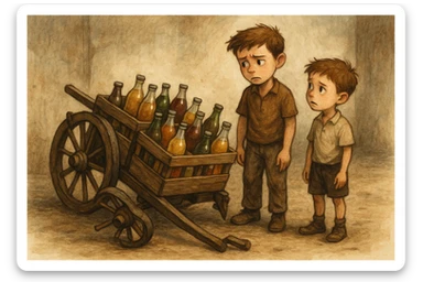 Bir g'ildiragi singan ichimliklar ortilgan arava uning yonida aka uka bir biriga havotirli nigoh bilan qarab turibdi  sticker