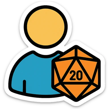 minimalist gray icon of a player silhouette with a D20 dice, worn distressed look sticker