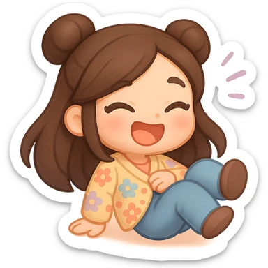 3D chibi style mochi girl, high-quality rendering with smooth shadows and soft gradients, long brown hair in two space buns, brown eyes, jeans, pastel floral cardigan, thick white outline like a sticker, transparent background, rolling on the floor laughing, preserve facial features from reference image sticker